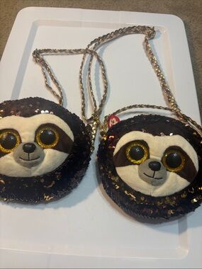 Pair of Ty beanie babies Dangler  brown /white Sequin Sloth Crossbody Bag 8 inch